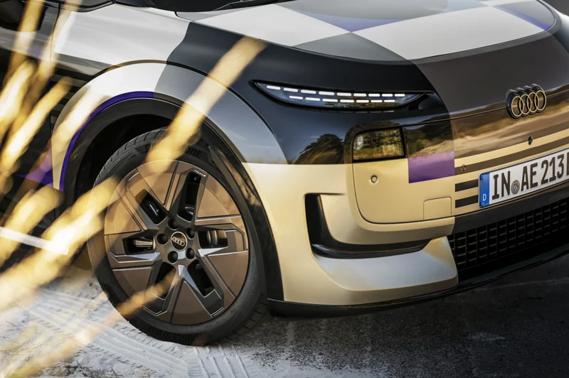 Aerodynamic wheel and front-end details on the Audi A2 e-tron prototype