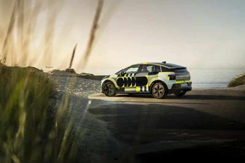 Side profile of the camouflaged Audi A2 e-tron