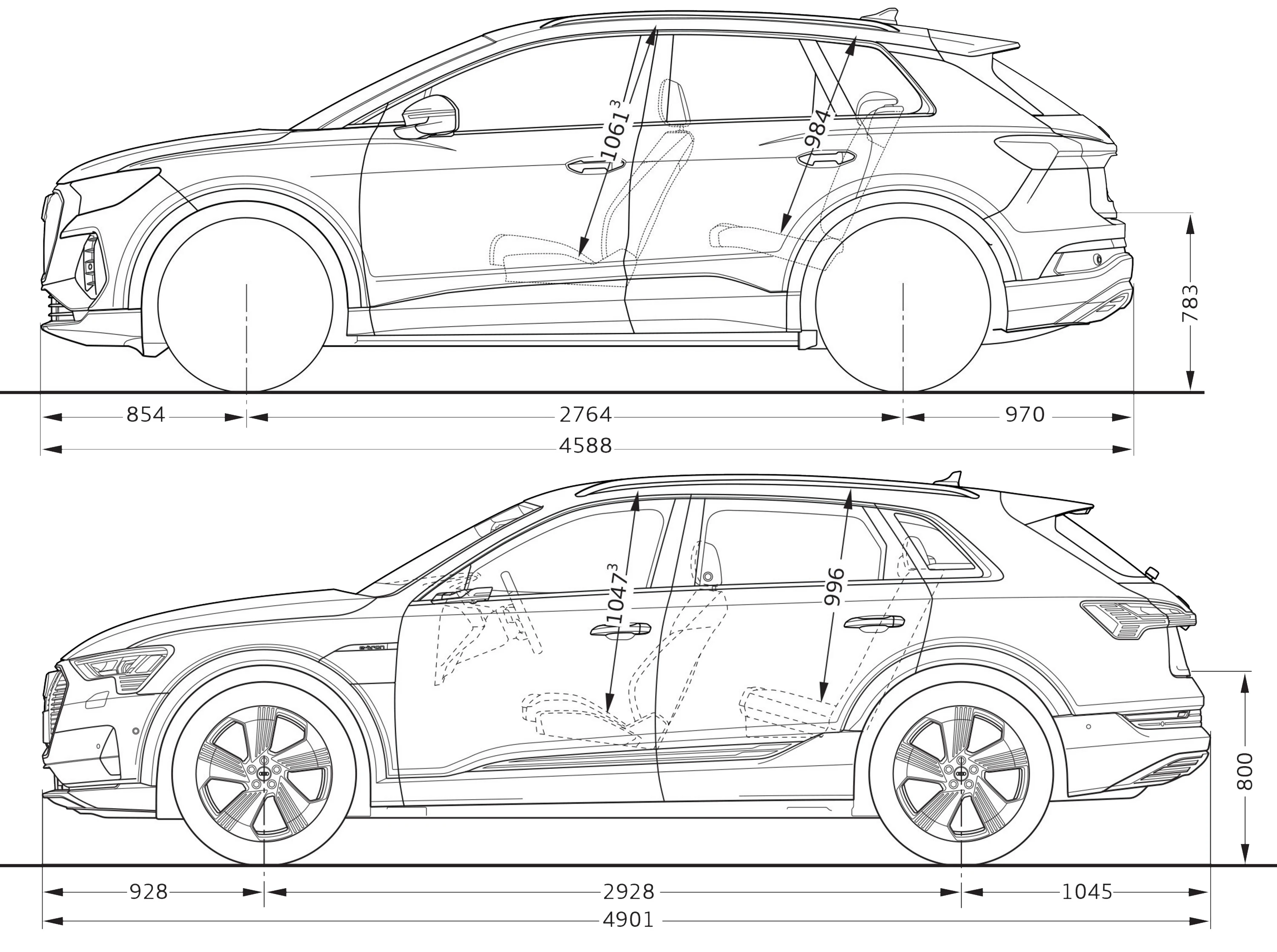 Størrelse sammenligning Q4 og e-tron Størrelse sammenligning Q4 og e-tron