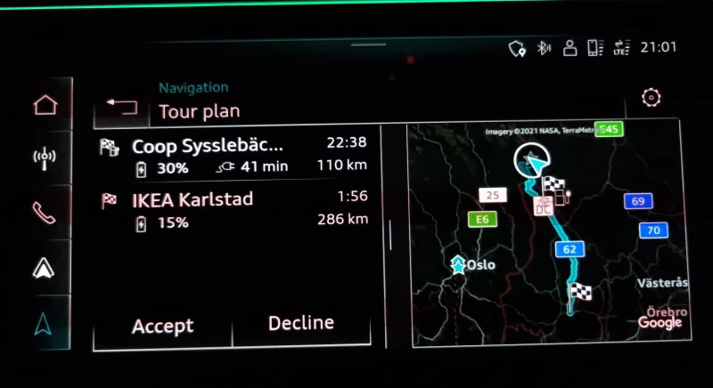 Trinn 4: Foreslåtte ladestopp inkludert forventet batteriladingstilstand på destinasjonen