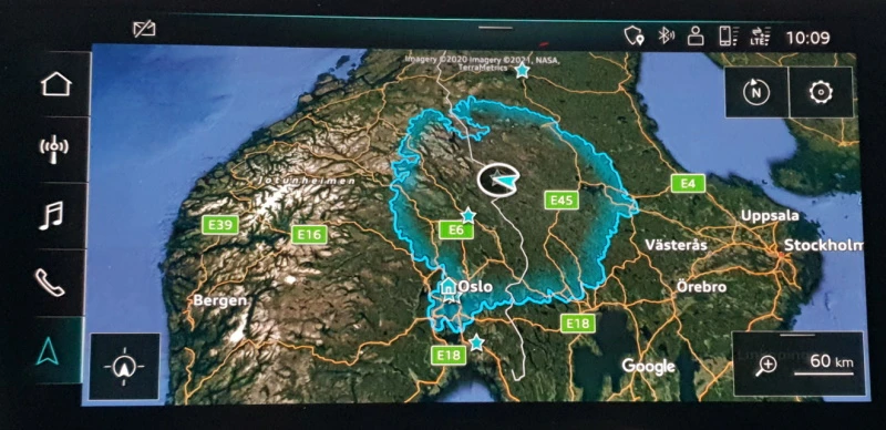 Rekkevidden angitt med det blå området