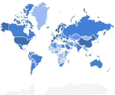 EVKX attracts visitors from most countries worldwide.
Source: Google Analytics.